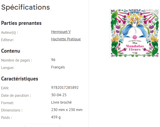 Livre Disney Hachette Coloriages Mandalas Fleurs