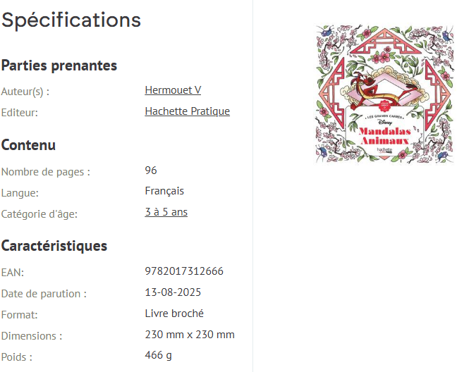 Livres Disney Hachette Coloriages Mandalas Animaux