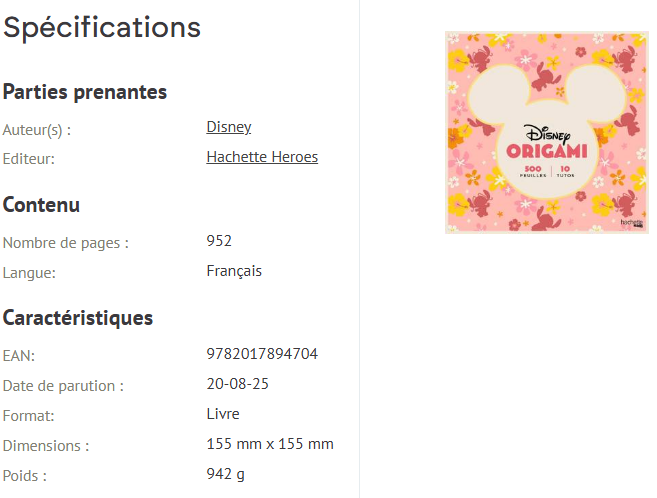 Livre Disney Hachette Origami