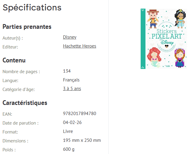 Livre Disney Hachette Stickers Pixel Art